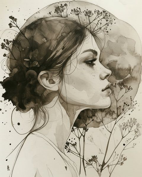 Botanical illustration of a young woman, watercolour by Carla Van Iersel