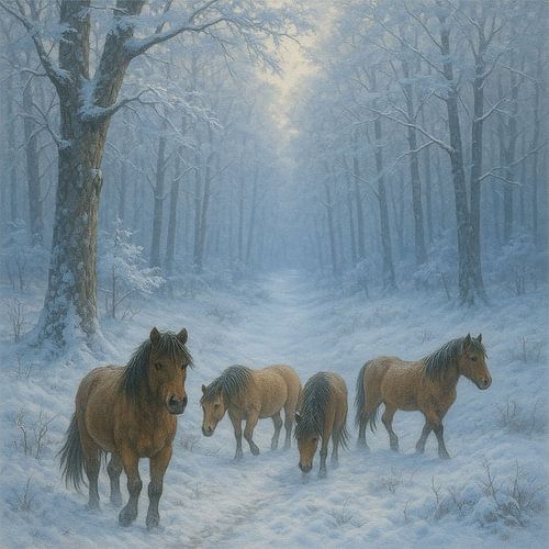 Horses in the white forest