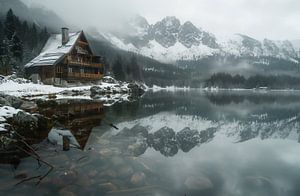 Uferhütte im Morgendunst