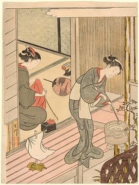 Suzuki Harunobu - Terugkerende zeilen van het handdoekenrek (Tenugui-kake no... van Peter Balan