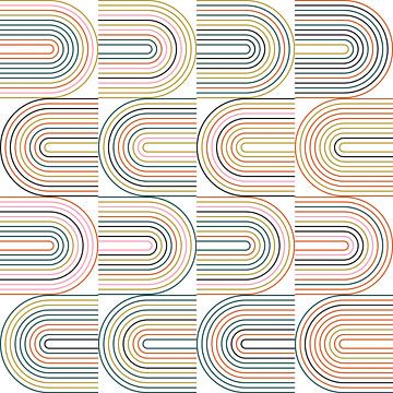 Retro industriële geometrie met lijnen in pastelkleuren nr. 15 in roze, oranje, goud, groen, zwart van Dina Dankers
