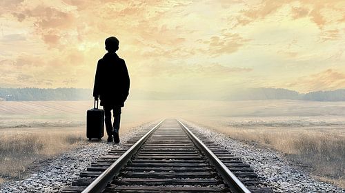 Silhouet van een jongen op treinrails