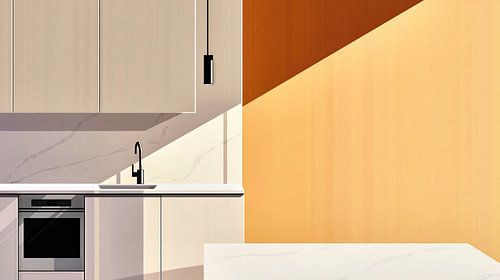 Minimalistische keuken in het zonlicht