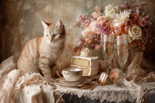 Kat met Gebak en Bloemen - Elegant Schilderij