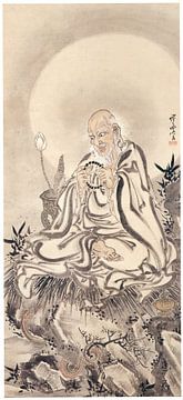 Kawanabe Kyōsai - Een Arhat met een rozenkrans, zittend op een rots met een slang onder hem. van Peter Balan