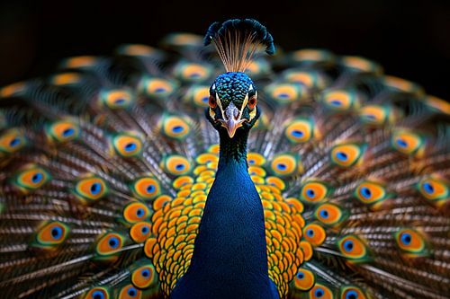 Close-up van een pauw die zijn verenpracht laat zien