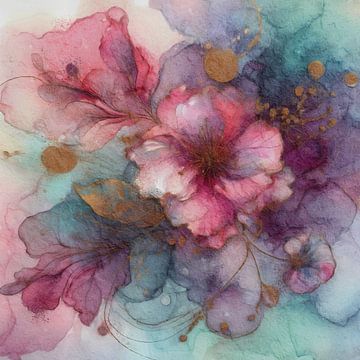 Botanical Brilliance X I Botanische Schoonheid Abstract aquarel in roze, paars, turquoise en goud van MadameRuiz