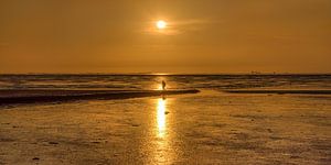 Sonnenuntergang mit Wadloper über dem Wad bei PaesensModderhole