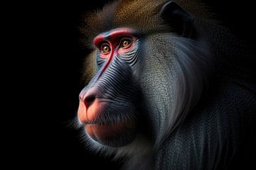 Mandrill Monkey Portrait Black Background by Digitale Schilderijen