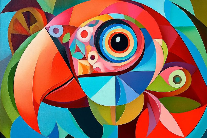Colourful parrot's eye view Geometry of feather splendour Kunstv by Poster Art Shop