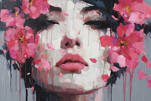 Blossom Expression – Abstraktes Porträt mit rosa Akzenten