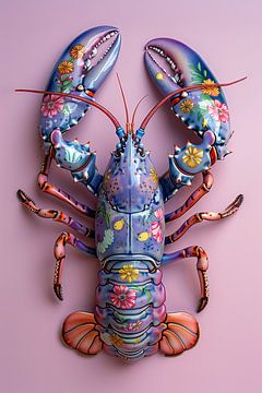 Lobster Luxe - Paarse hippy bloemen en visjes kreeft van Marianne Ottemann - OTTI