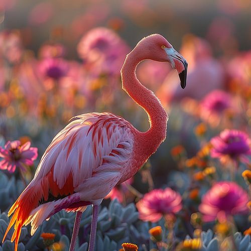 Flamant rose debout parmi les fleurs au coucher du soleil
