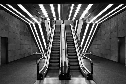 Escalators Marmorkirken subway station Copenhagen in black and white