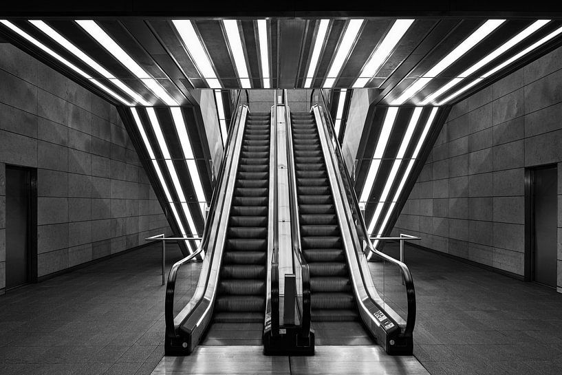 Escalators Marmorkirken subway station Copenhagen in black and white by Evert Jan Luchies