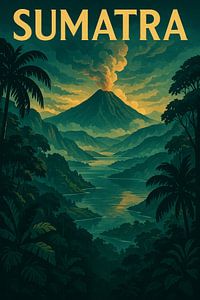 Sumatra Vintage Travel Poster - Vulkangipfel & Regenwald Dschungel Kunst