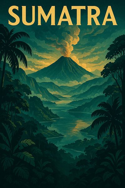 Sumatra Vintage Travel Poster - Vulkangipfel &amp; Regenwald Dschungel Kunst von Travel Shop