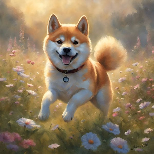 Shiba Inu spelend in een bloemenveld van Johannas Art Creations