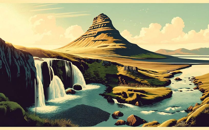 Vintage Iceland, Kirkjufell Mountain Poster by Chromatic Fusion Studio