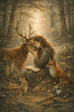 Sacred Forest – Woman & Stag Fantasy Wall Art by Mister Gobers