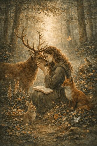 Heiliger Wald – Frau- & -Hirsch-Fantasie-Wandkunst