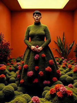 Moeder Natuur observeert de wereld - Surrealistisch pop-artportret van een vrouw van FRESH Fine Art