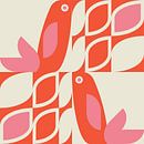 Scandinavisch retro. Vogels en bladeren in rood, roze en wit van Dina Dankers thumbnail