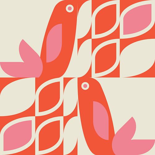 Rétro scandinave. Oiseaux et feuilles en rouge, rose et blanc.