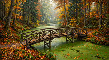 Rustikale Holzbrücke über einen moosbewachsenen Bach in einem herbstlichen Wald – ein friedliches Waldlandschaftsgemälde im Herbst