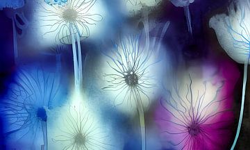 Blauw VII - bloem en lijnen - alcohol inkt digitaal van Lily van Riemsdijk - Art Prints with Color