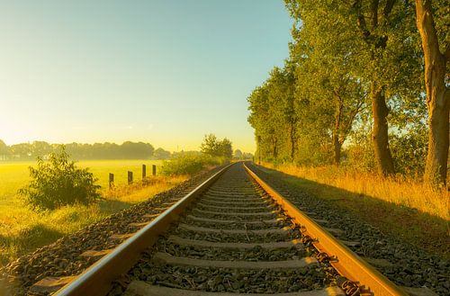 Eenzame treinsporen bij zonsopgang