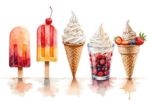 Watercolor illustration featuring ice cream cones and popsicles 