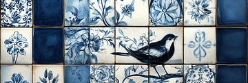 Blauw-witte tegelkunst met bloemen en vogelmotieven delfts blauw panorama van Digitale Schilderijen