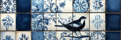 Blauw-witte tegelkunst met bloemen en vogelmotieven delfts blauw panorama van Digitale Schilderijen