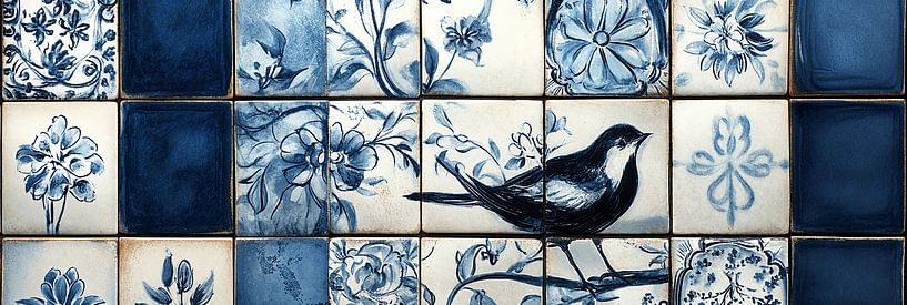Blue and white tile art with flowers and bird motifs delft blue panorama by Digitale Schilderijen