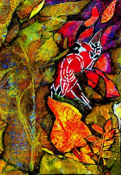 Vogel in het oerwoud. (Collage ) van Ineke de Rijk