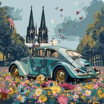 Collage VW Kever Keulen Kathedraal Bloemen Vlinders surrealistisch van gm_designs