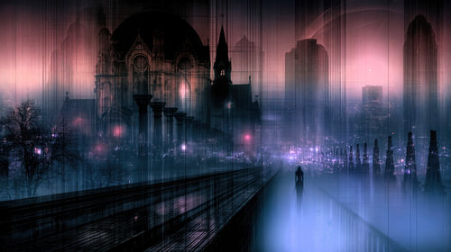 Futuristische kathedraal in neon & paars