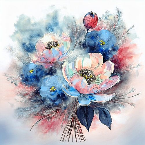 Beau bouquet de fleurs délicates en style aquarelle sur Patricia Hofmeester