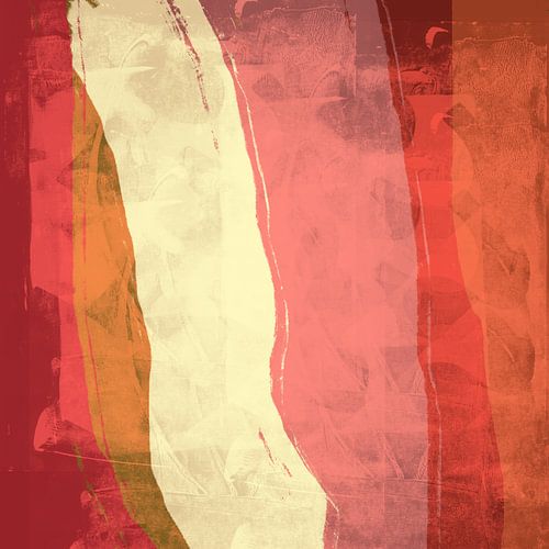 Kleurrijk abstract schilderij in warm roze, terracotta, geel en rood