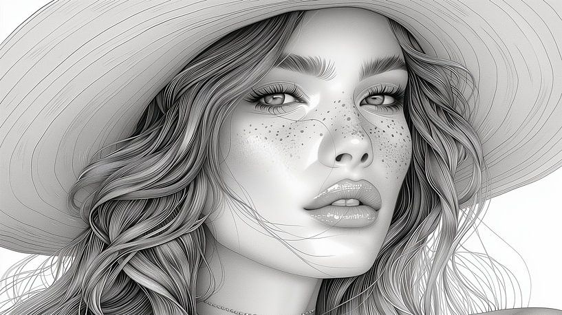Wavy Beauty: Frau mit Hut in Line Art von Artz by Mr.JAi
