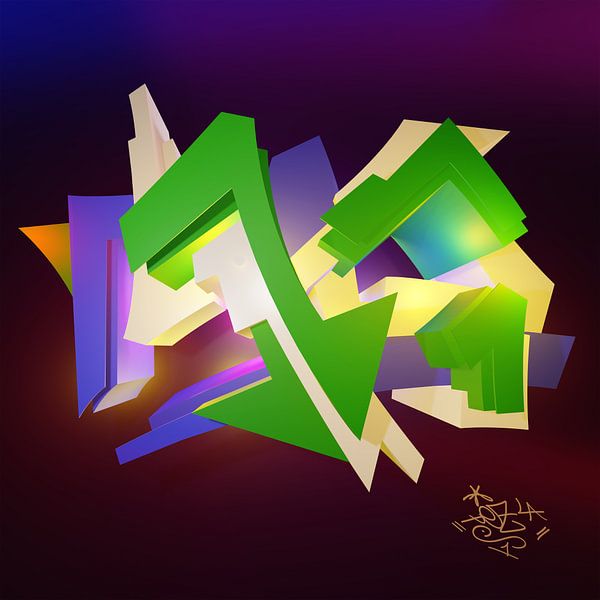 Stoer kleurrijk 3D graffiti kunstwerk met de naam "Tez 1" en tag" van Pat Bloom - Moderne 3D, abstracte kubistische en futurisme kunst