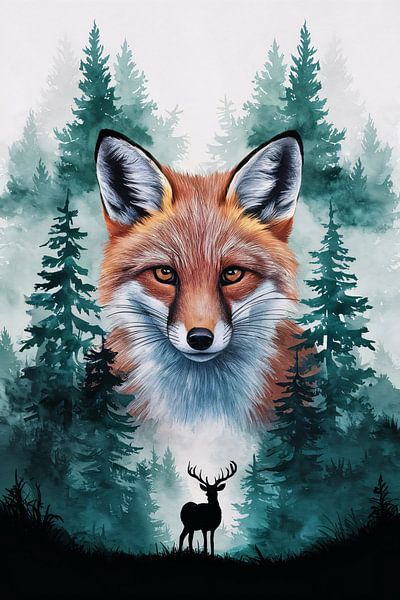 Fuchs und Hirsch in Waldlandschaft Kunst von Art & Soul Creations