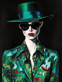 Emerald Mirage – High-Fashion-Porträt einer Frau mit Zylinder und exotischem Dschungel-Print