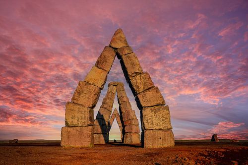 Monumental stone gates in barren landscape, Arctic Henge, Raufar