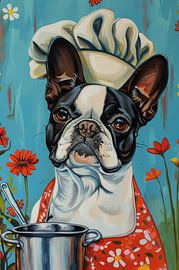 Fröhlicher französischer Koch - Bulldogge in der Küche