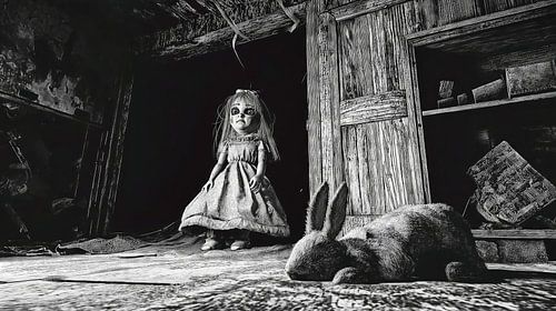 Porseleinen pop in een verlaten huis