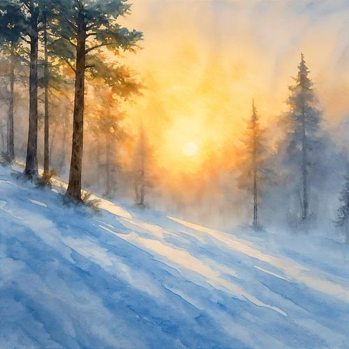Snow landscape with fog and sunrise (AI) (piste, winter sports, skiing, hill, peace, quiet)