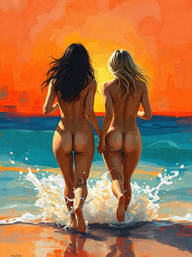 Nus dans la lumière du soleil couchant - Deux amants main dans la main vers l'horizon, unis dans un océan de liberté, de confiance et de tendresse silencieuse sur AidasignArt