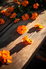Bright marigolds on wood by Poster Art Shop